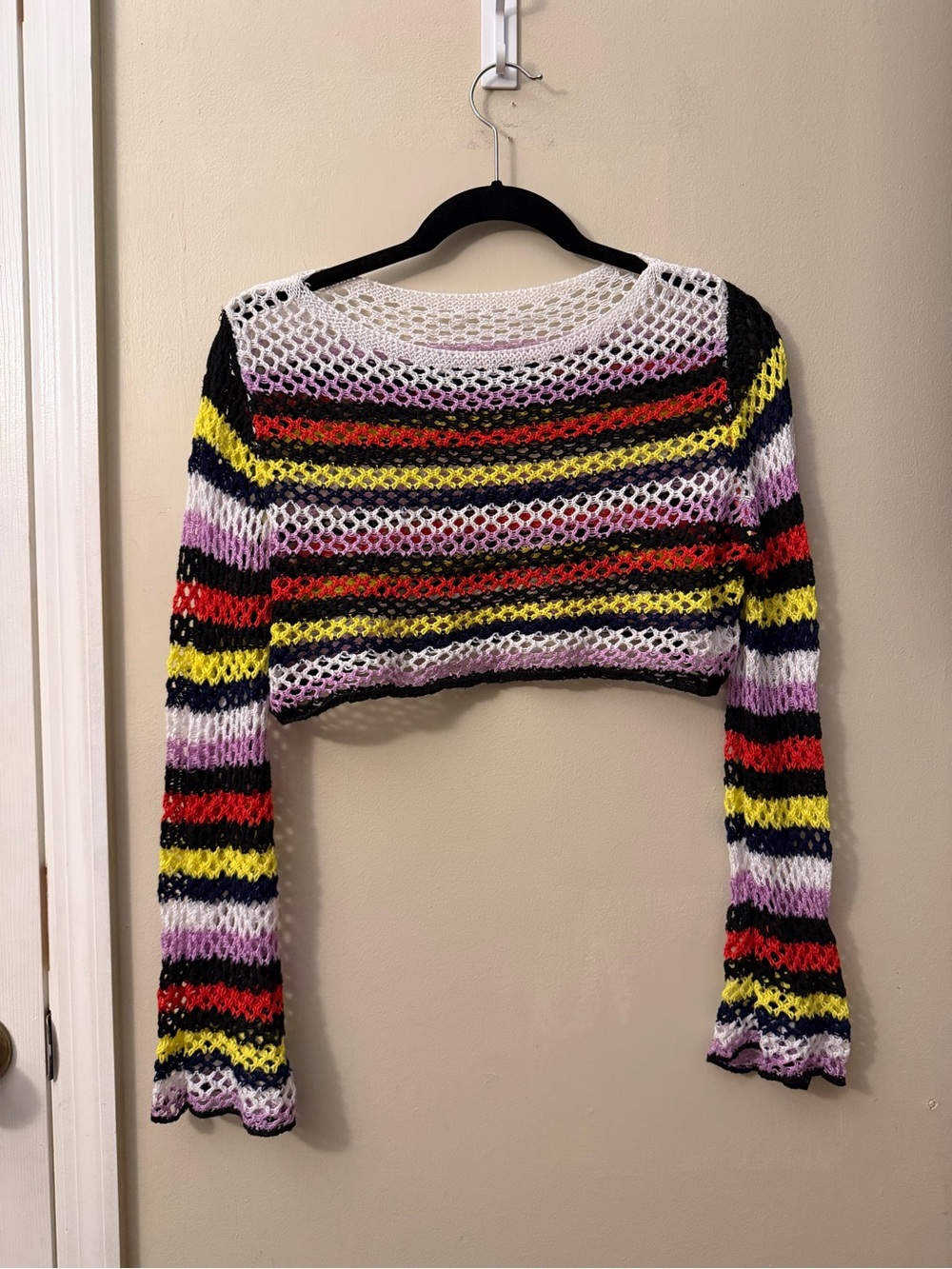 Striped Open-Knit Cropped Sweater Top - Yellow, Red, Black & White